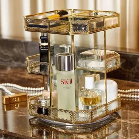 PuTwo Makeup Organizer 360 Degree Rotating 3 Layers Large Multi-Function Makeup Storage Glass Vintage Cosmetic Organizer for Countertop Bathroom Dresser Fits Different Types of Cosmetics - Gold